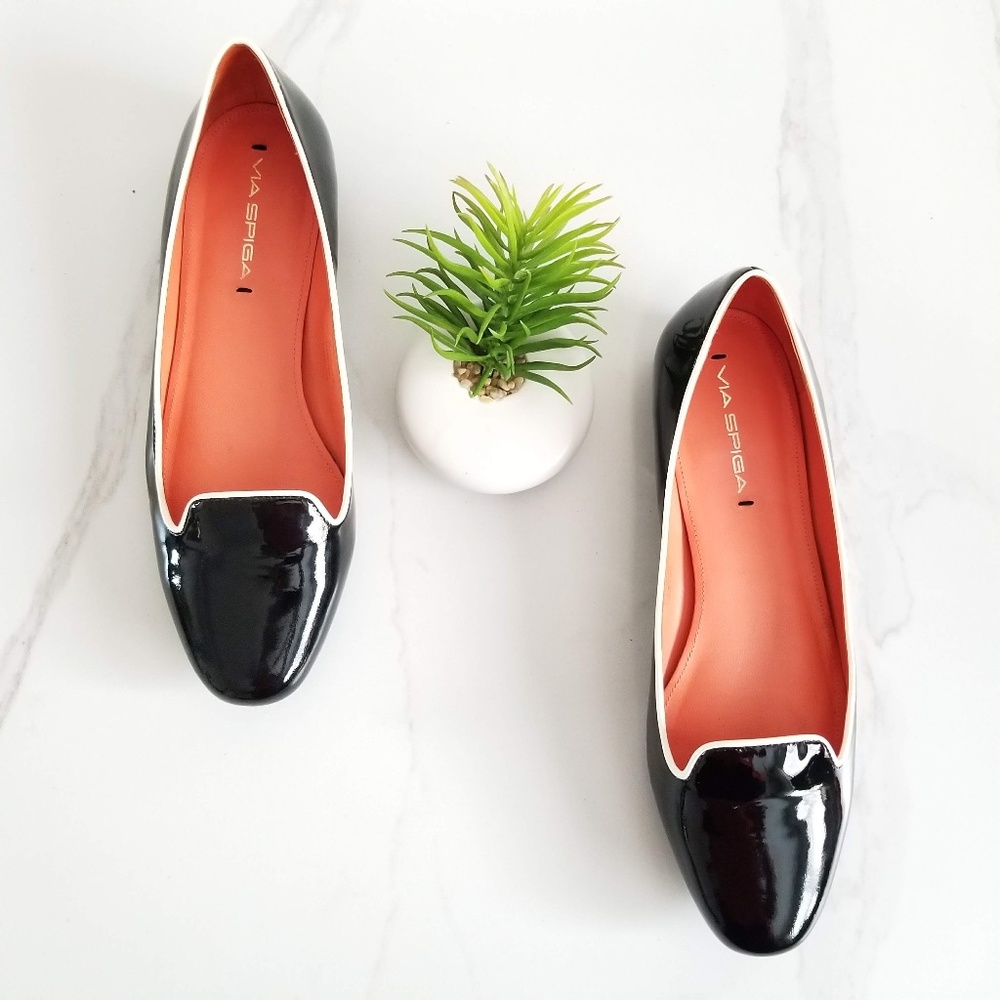 VIA SPIGA EDINA Flats Loafers Black White Patent - Picture 1 of 12